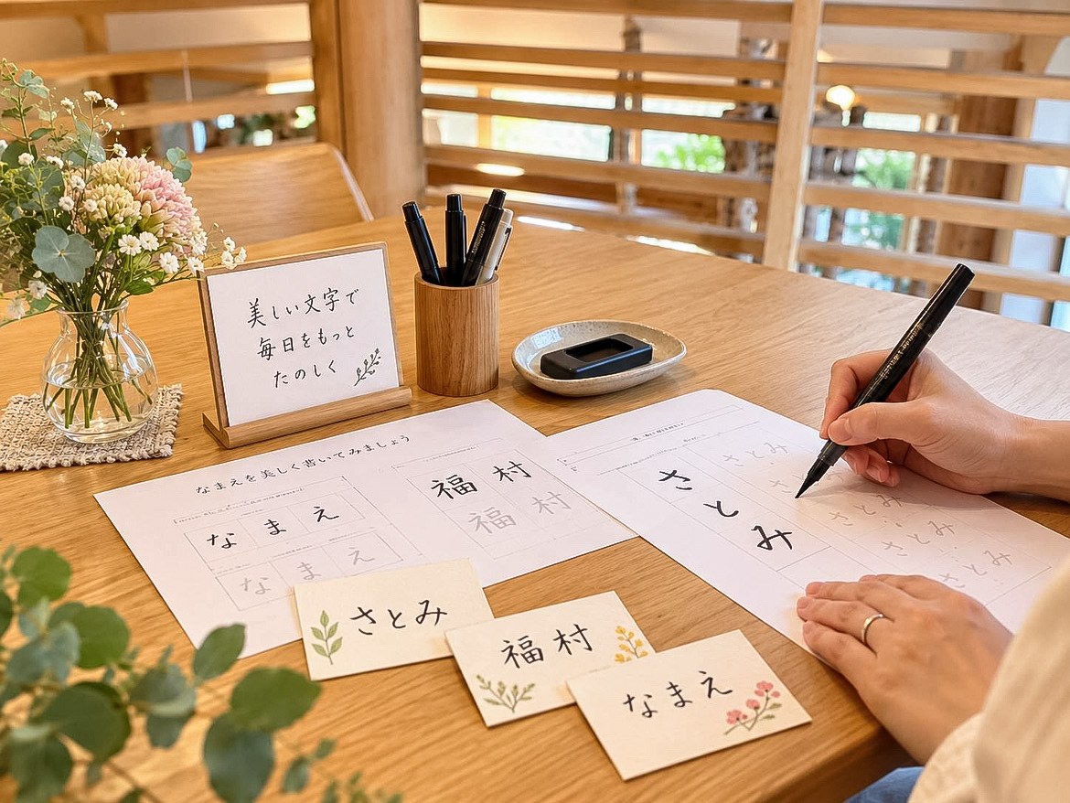 むすびやの美文字レッスンで名前を清書している様子