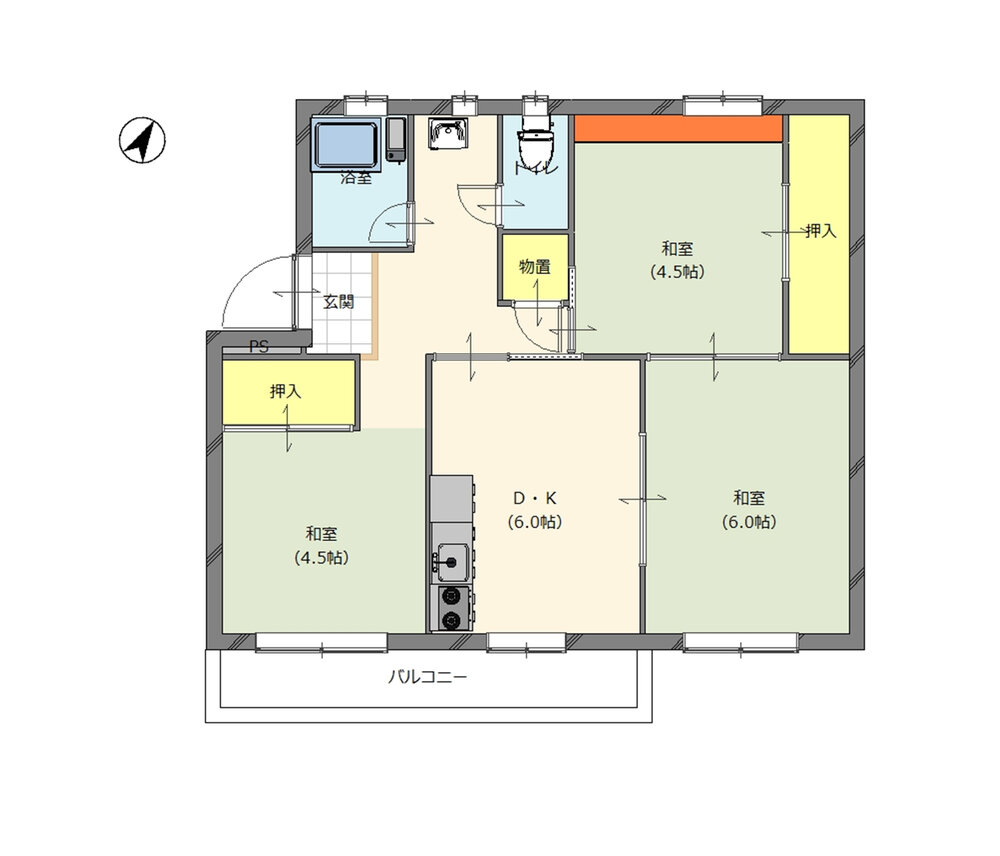 高塚団地301号室 間取図 3DK 53.86㎡｜和室4.5帖×2・和室6.0帖・DK6.0帖・バルコニー付き